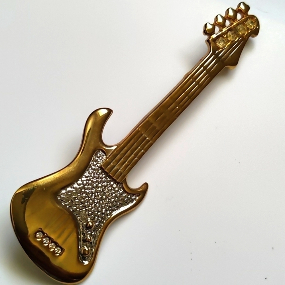 Vintage Gold Tone Rhinstone Rock Star GUITAR Brooch Pin 80s 90s NEW
